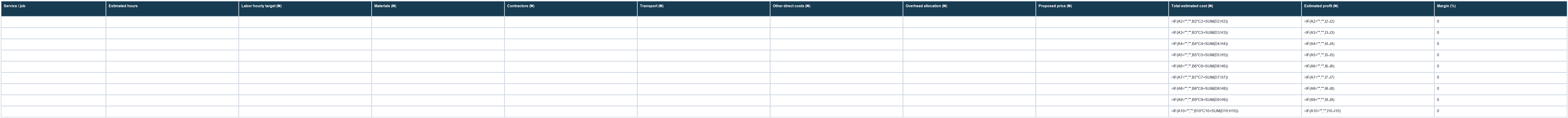 Service pricing worksheet
